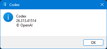 GitMurf's tweet photo. @dkundel @justinhedge My Codex App for Windows still shows 25.313 from March 16th which means have not gotten the last three updates (based on changelog) for 317, 318 and latest 323. Is this expected @dkundel? https://t.co/h61VbzRmGw