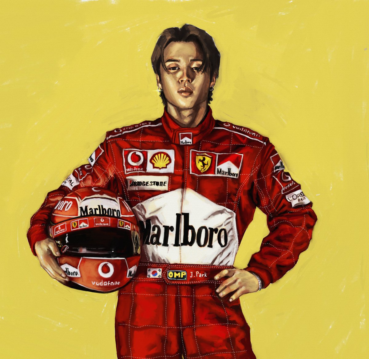 yoyeyix's tweet photo. #jimin as 00s ferrari driver cus him and schumi are the same height 

(and because fight between army and ocon fans is so fucking funny)

 #bts #btsfanart #f1 #f1fanart https://t.co/ZZQ72sQAau