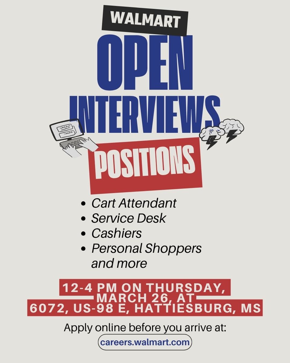 USMstudentwork's tweet photo. Walmart is hiring, and doing open interviews tomorrow (03/26) from 12-4 PM!

#msemployment #jobs https://t.co/DHdFQ2pITB