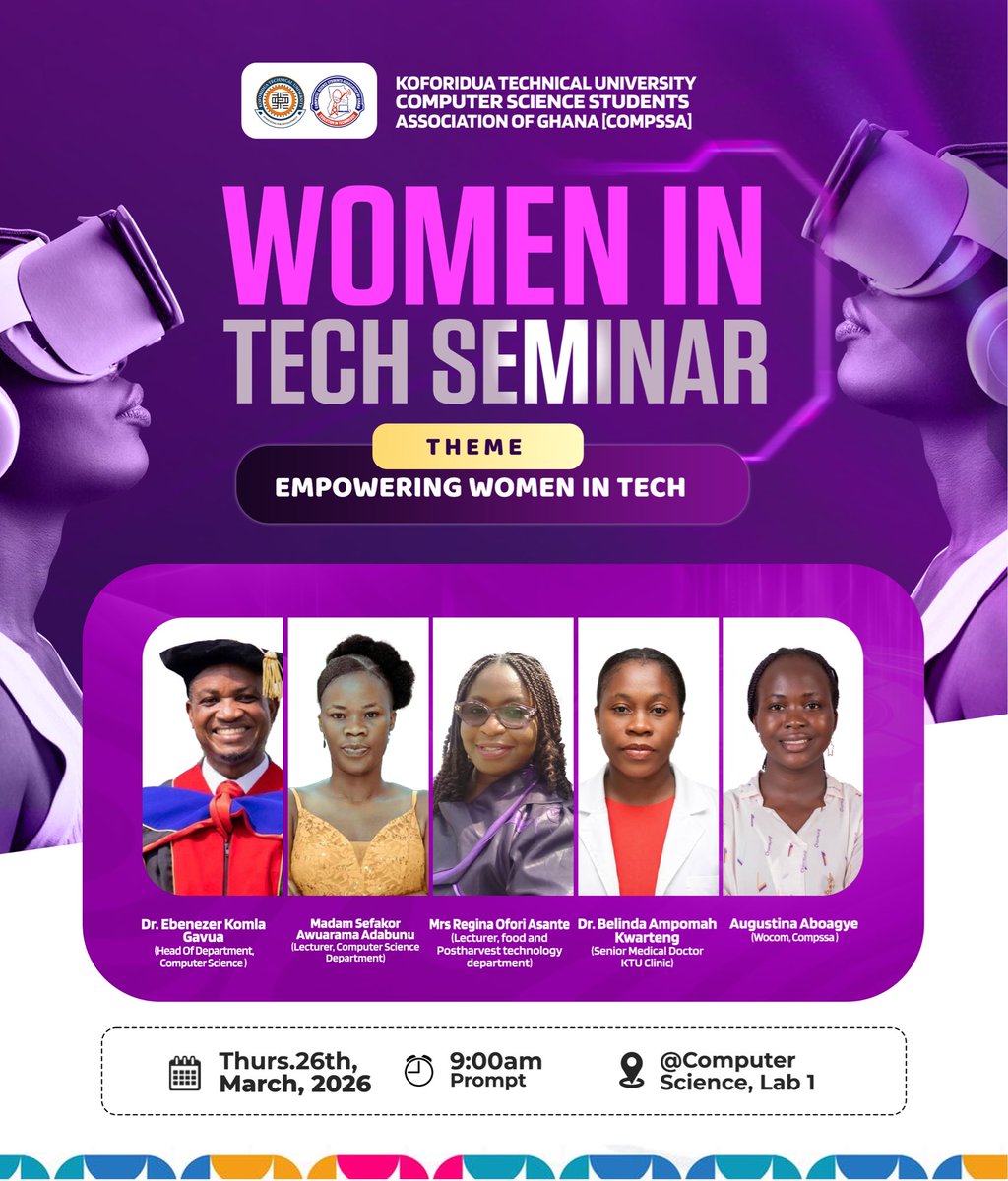 CompssaKtu's tweet photo. ❗️❗️❗️❗️❗️❗️❗️
Join us as we empower, inspire, and shape the future of women in technology.

🗓️ Thursday, 26th March 2026
⏰ 9:00 AM prompt
📍 Venue: Computer Science Lab 1

COMPSSA🤍💙 https://t.co/d3IEq41ftp