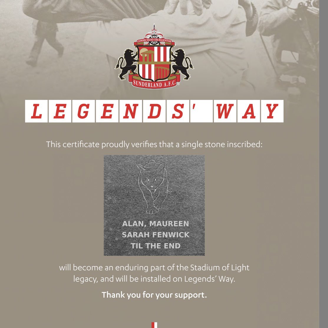 sarahsafc82's tweet photo. Legends way stone ordered for the Fenwick family 🔴⚪️🔴⚪️ @SunderlandAFC #safc
#legendsway #sunderlandafc https://t.co/ahvnaKqvFa