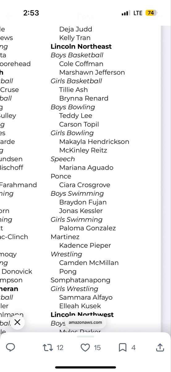 Congratulations to the following Lincoln Northeast Rocket 🚀 students for being recognized for the NSAA winter sports academic awards list sponsored by the Nebraska Chiropractic Physicians Association.  A great job by all of you!