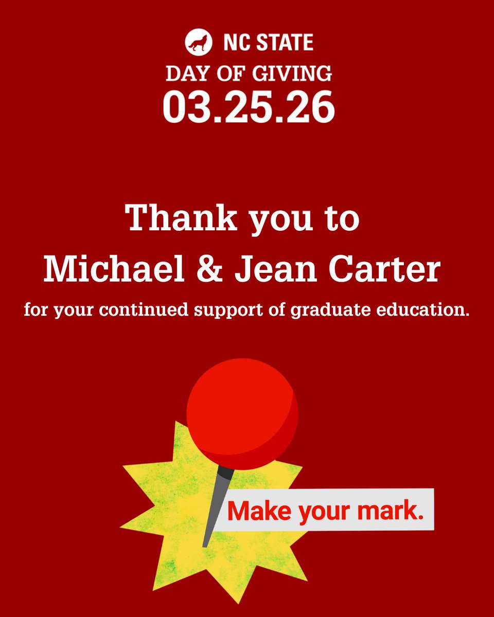 ncsugradschool's tweet photo. We want to give a howling THANK YOU to Dr. Michael Carter and Mrs. Jean Carter for their continued support of graduate education and our #GradPack 🐺 https://t.co/StTye3toRh