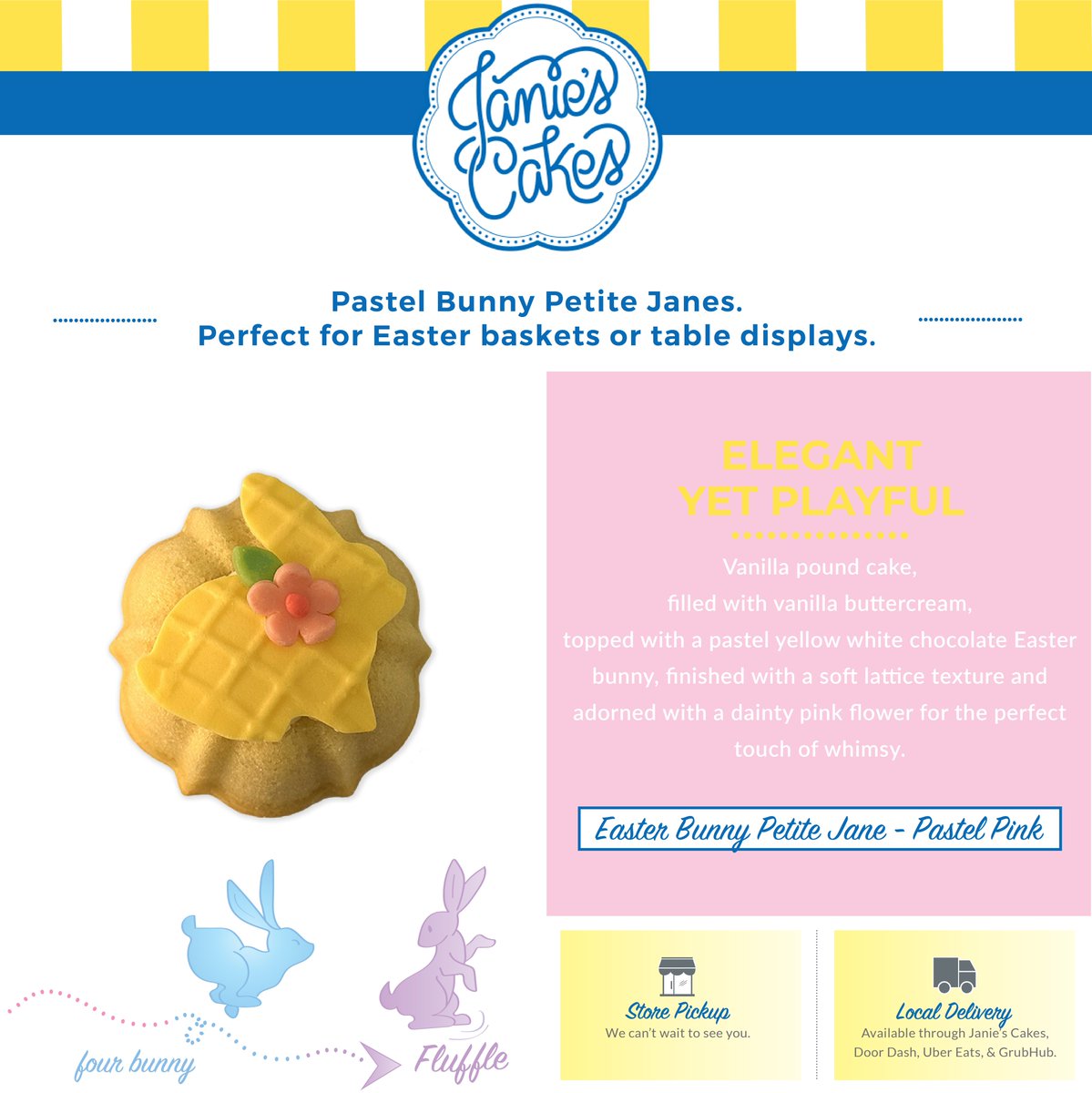 🐰✨NEW Easter Bunny Collection ✨🐰

Each cake starts with buttery vanilla pound cake, filled with a vanilla buttercream. Then…

🌿 A pastel green bunny topped with a sweet blue flower for playful twist
🌼 A pastel yellow bunny with a pink flower for a classic springtime feel