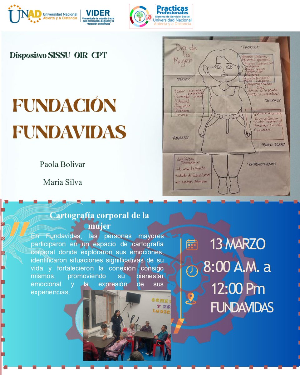 LuzAngelasu's tweet photo. @ElOIRdelaRegion #VIDER_UNAD #TejiendoSolidaridadTerritorial #SISSUZonaCentroBogotáCundinamarca#PrácticasSISSUImpactandoComunidades En Fundavidas, a través de la cartografía corporal, la población reconocio sus emociones y experiencias, fortaleciendo su autoconocimiento y bienestar emocional. 💫 https://t.co/0YMl8pwMUf