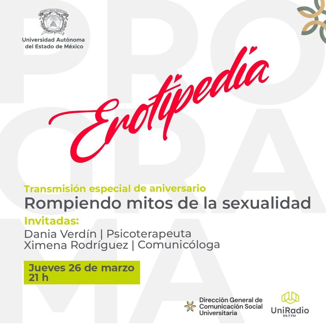 Hablar de sexualidad es fundamental para erradicar mitos y mejorar la salud. Únete a esta conversación, en el primer aniversario de Erotipedia, nuestro programa de sexualidad, el 26 de marzo a las 21 h a través de UniRadio 99.7 FM y en FB Live.

#Reimagina #TuaeméxUniRadio