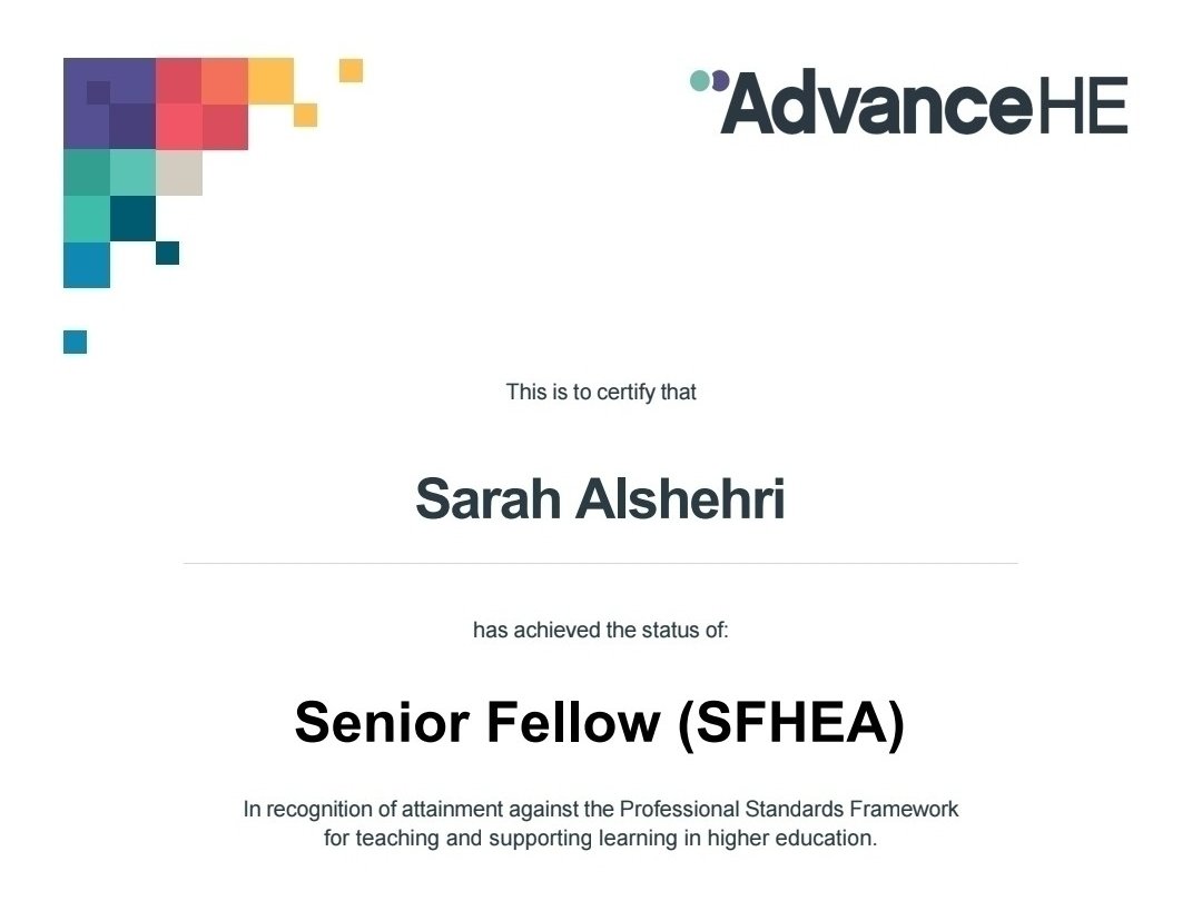 Dr_SaraAlshehri's tweet image. Proud to share that I have been awarded Senior Fellowship (SFHEA), with @AdvanceHE 🇬🇧 Greatful for this recognition of my contributions to teaching, learning and academic leadership 🎉🎊
#Leadership #development #HigherEducation