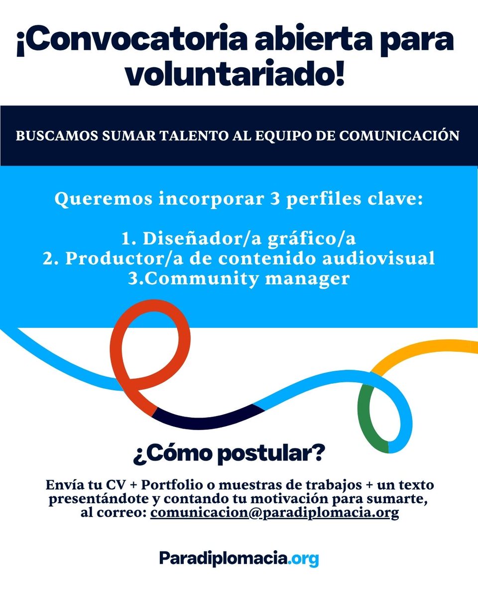 Paradiplomacia's tweet photo. 📢 ¡Te estamos buscando!
Convocatoria abierta: voluntariado en https://t.co/2pOzWyt8GJ

Buscamos sumar talento para fortalecer nuestra comunicación digital y ampliar el alcance de nuestros contenidos.

Perfiles buscados:
🎨 Diseñador/a gráfico/a
🎬 Productor/a audiovisual
📲 Community Manager

📍 Modalidad: remoto
🗓️ Postulaciones hasta: 08/04/2026 

🙌 Sumarse a https://t.co/2pOzWyt8GJ es una oportunidad para aportar a un proyecto con mirada internacional, vocación territorial y compromiso con una comunicación de calidad sobre los desafíos globales desde lo local. 🌍

Más información sobre esta oportunidad: https://t.co/TcRiZtBJ9z
