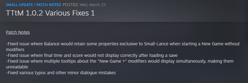 TTtMountainGame's tweet photo. An update was pushed today that mostly addresses issues relating to the post-game modes in TTtM! Check it out if you haven't yet tried out the bonus content! https://t.co/X2nyROCWc6