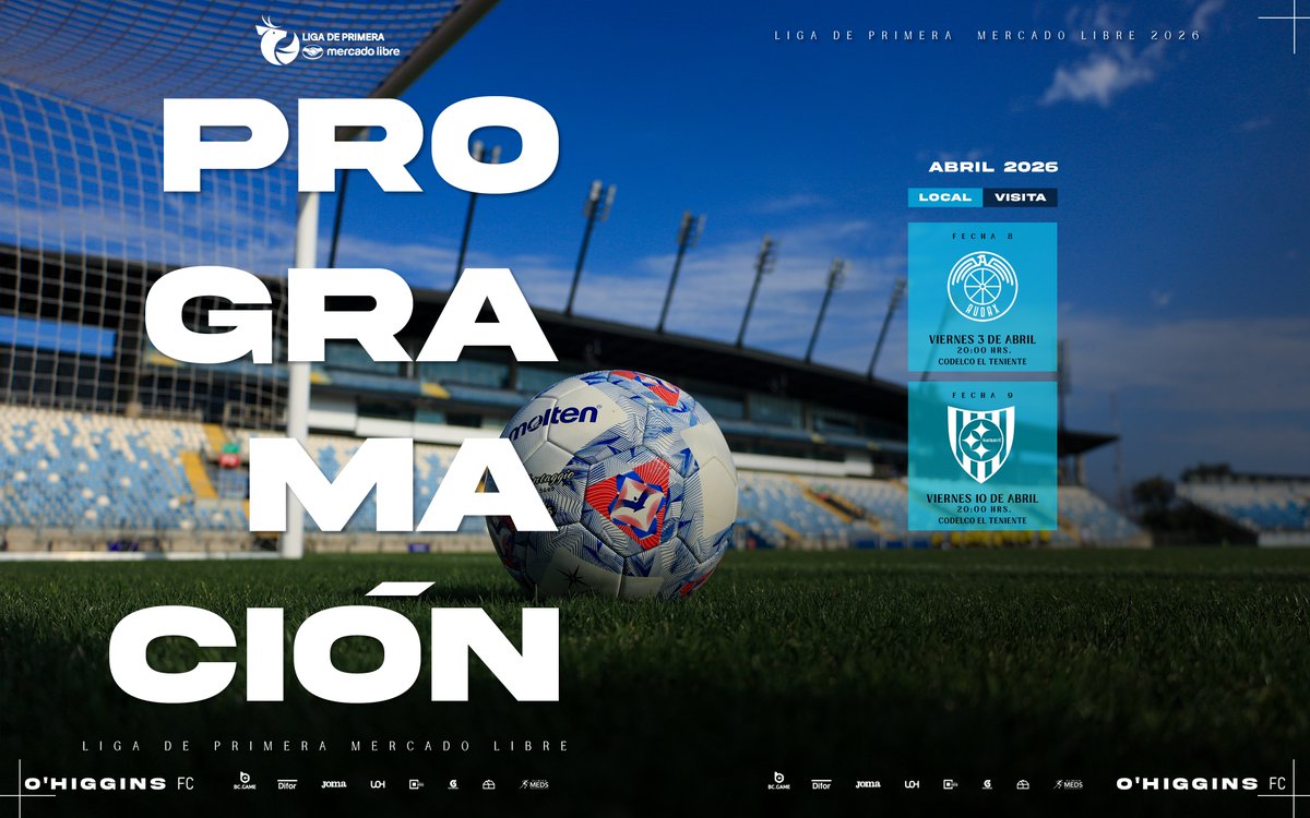 OHigginsoficial's tweet photo. 📅 ¡𝑨𝒕𝒆𝒏𝒄𝒊𝒐́𝒏 𝑪𝒆𝒍𝒆𝒔𝒕𝒆𝒔! 🇧🇼 ¡Tenemos programación confirmada para la Octava y Novena Fecha de la #LigaDePrimeraMercadoLibre 2026! ⚽️

🏟️ En las primeras dos semanas de abril, enfrentaremos a Audax Italiano y Huachipato en el Estadio CODELCO El Teniente de Rancagua ¡Vamos Capo de Provincia! 💪🏻

#VamosLaCeleste 🇧🇼
