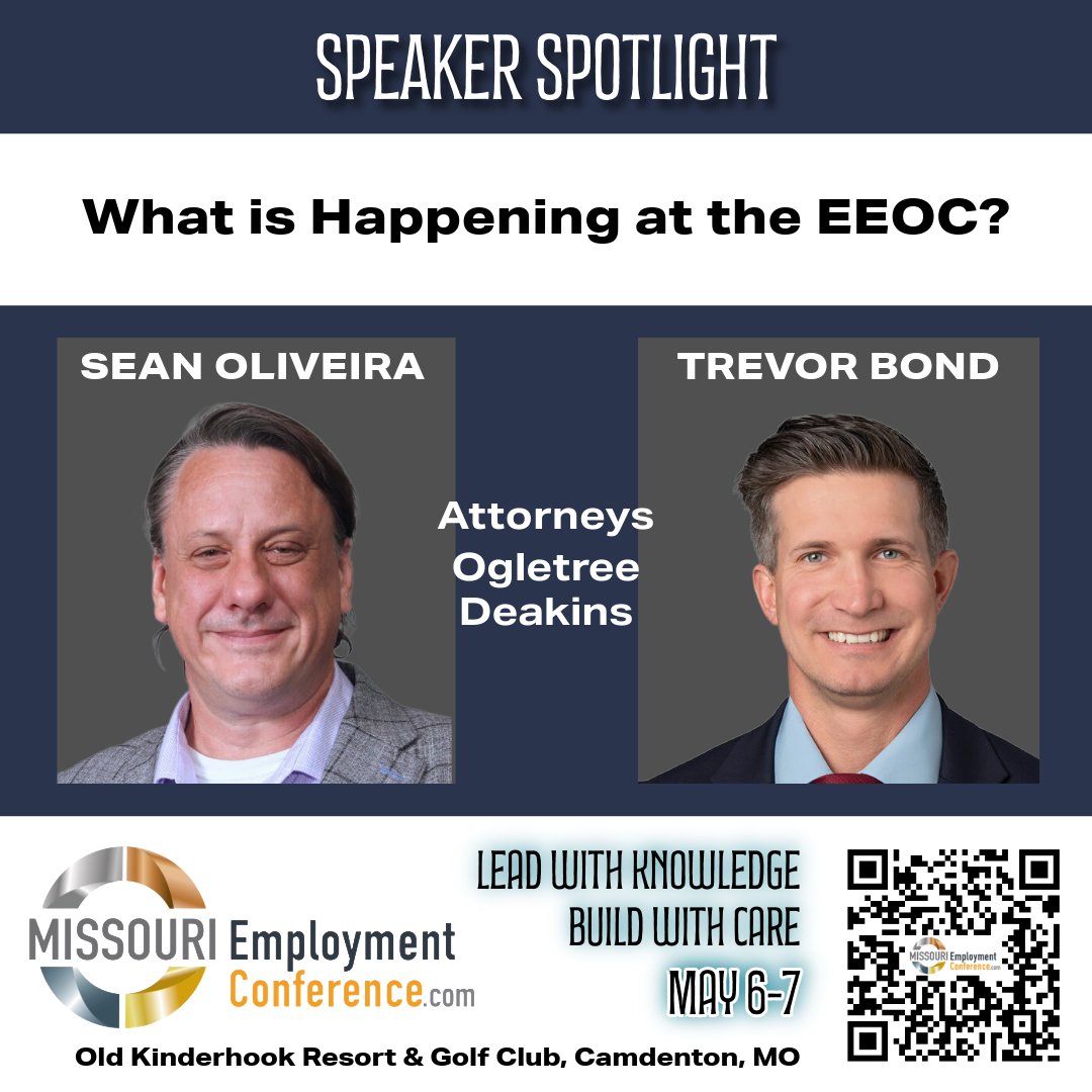 Sean Oliveira and Trevor Bond, with <a href="/OgletreeDeakins/">Ogletree Deakins</a>, will be training on EEOC at #MEC2026!

Speaker bios - conta.cc/3IocgUp

Register here - conta.cc/4uuWdNK