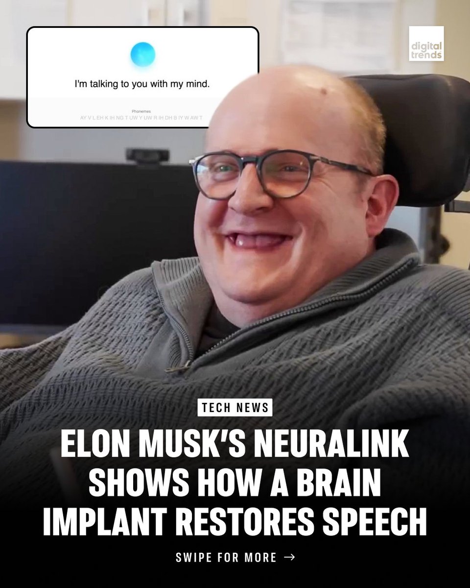 DigitalTrends's tweet image. Neuralink is restoring speech. A new video shows patient Kenneth using a brain-computer interface to translate thoughts into spoken words.

#neuralink #technology #technews