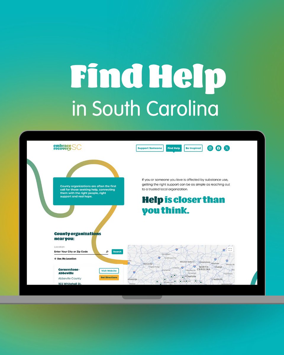 Find help for substance use disorders, right here in South Carolina. 

Visit EmbraceRecoverySC.com to find lists of countywide organizations, RCOs, ROSCs, and peer support and recovery support groups offering recovery support and services. 💟