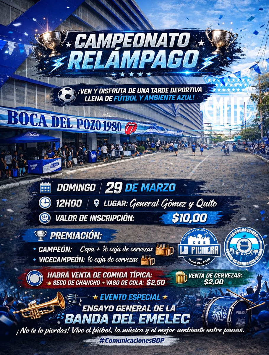 *📢 CAMPEONATO RELÁMPAGO+ ORGANIZACIÓN VIAJE A QUITO ⚽*

Se convoca a toda la Organización y al Pueblo Emelecista este Domingo 29 de Marzo al campeonato y a la logística de nuestro próximo viaje entre semana. 

📍 LUGAR: [General Gómez y Quito /🏟️ Capwell.]
⏰ HORA: Desde las 12