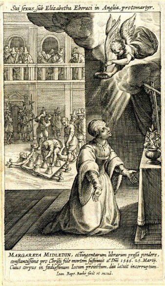jdmccafferty's tweet image. 25 Mar 1586: St. Margaret Clitherow taken to the toll-booth on Ouse bridge #York &amp;amp; pressed to death under 700-800 hundredweight #otd