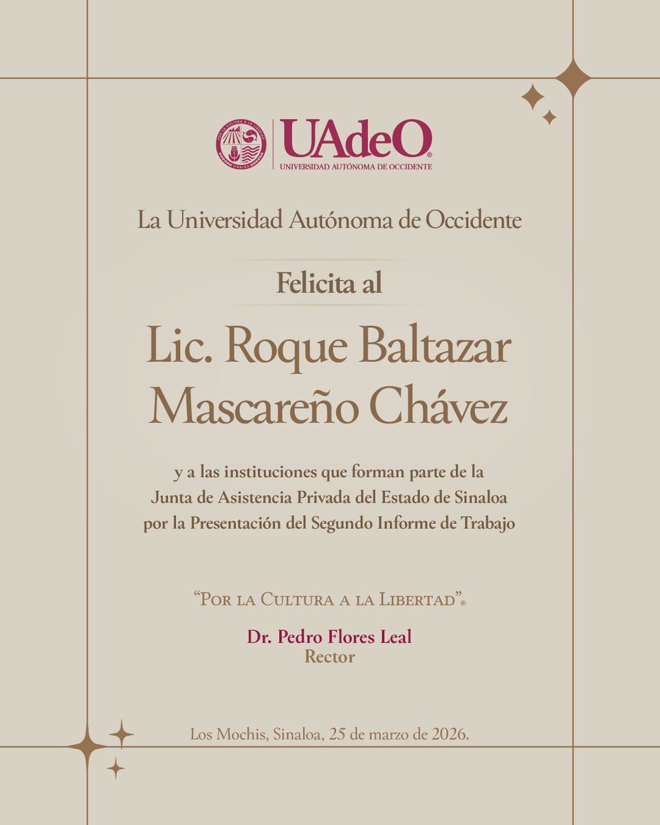 UADEOoficial's tweet photo. Felicitamos al Lic. @roque_mascareno y a las instituciones que forman parte de la @Japdesinaloa por la presentación del Segundo Informe de Trabajo.

¡Enhorabuena! https://t.co/gUKYeLwKIt
