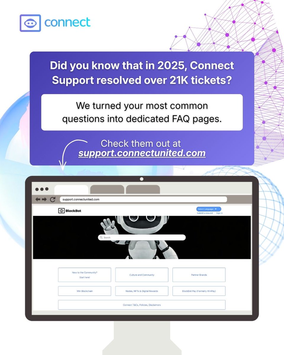 connect_win's tweet photo. Support site = your first stop. It’s packed with updated answers, guides, and quick fixes. Got BlockBot AI? Ask anything and it’ll pull exactly what you need from FAQs fast. 

#blockchain #connectcommunity #FAQs #support #blockbot https://t.co/89YY5ufPdl