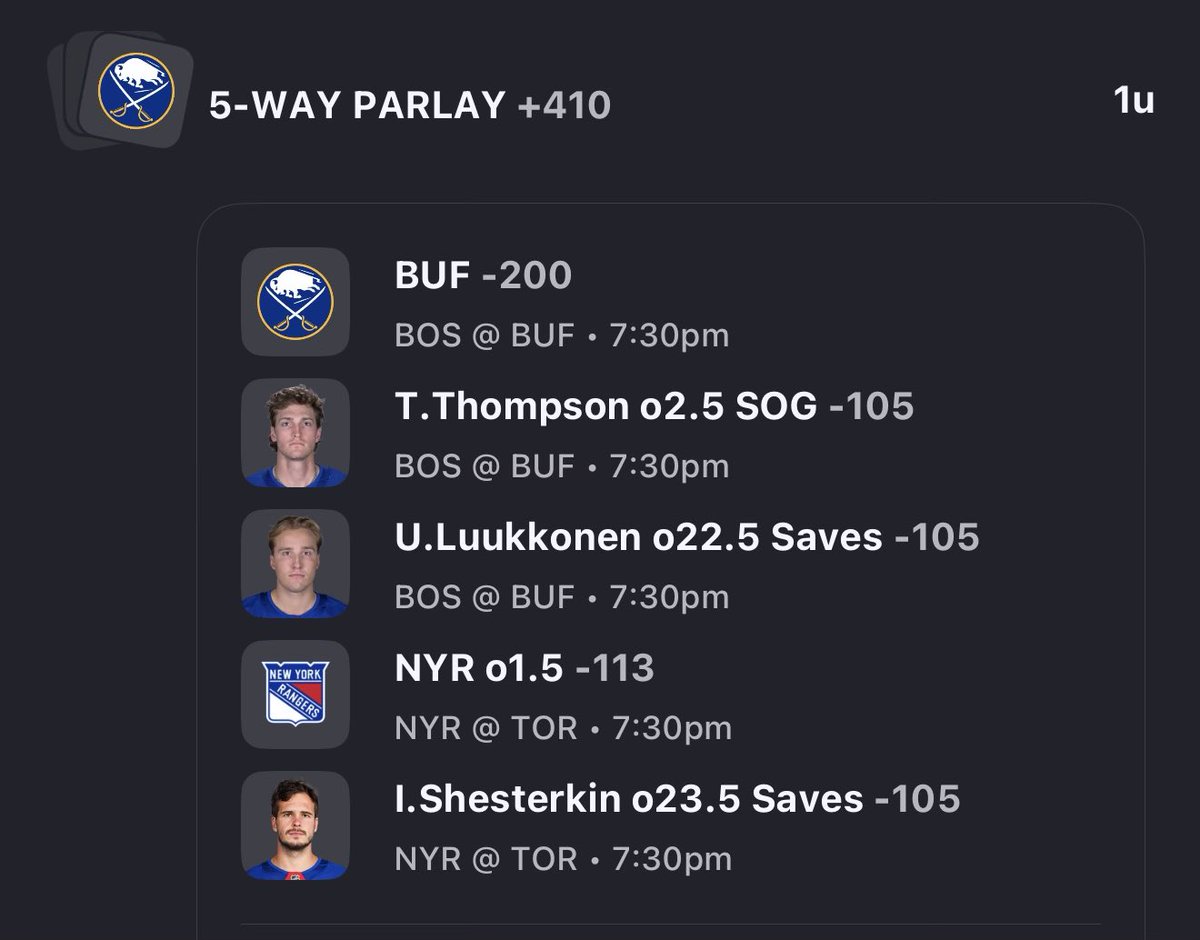 ChiefKeithCaps's tweet photo. 5-LEG PARLAY (+410) 🎯
1U ON THE BOARD

Sabres ML (-200)
Tage Thompson o2.5 SOG (-105)
Luukkonen o22.5 Saves (-105)
Rangers o1.5 Goals (-113)
Shesterkin o23.5 Saves (-105)

We’re attacking volume + favorable matchups here…

Low sweat? Never.
Cash potential? Absolutely.

Let’s ride. 🏒🔥