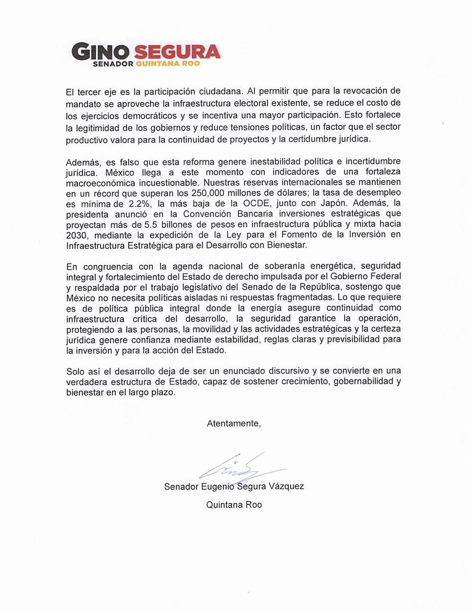 En respuesta al exhorto de <a href="/Coparmex/">Coparmex Nacional</a> sobre la reforma electoral, reitero mi respaldo a la iniciativa de la Presidenta <a href="/Claudiashein/">Claudia Sheinbaum Pardo</a>. 

México necesita una democracia más austera, transparente y eficiente, sin privilegios y con instituciones que respondan al pueblo. Modernizar