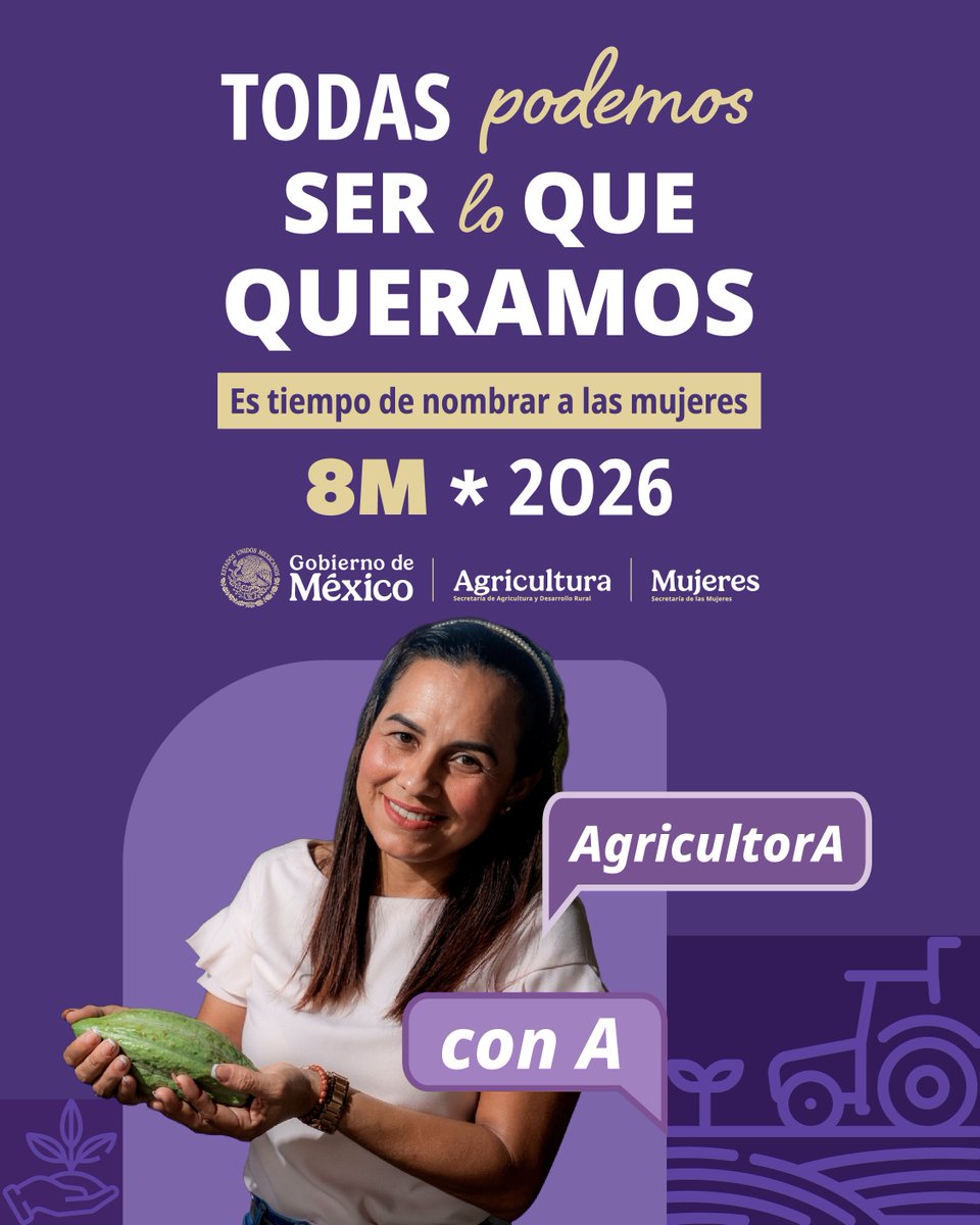 Agricultura_mex's tweet image. Agricultora, #ConA. 🌽
Las mujeres siembran, cosechan y sostienen al campo mexicano con su trabajo y conocimiento.

Porque el campo también es suyo.
#SerLoQueQueramos #8M2026