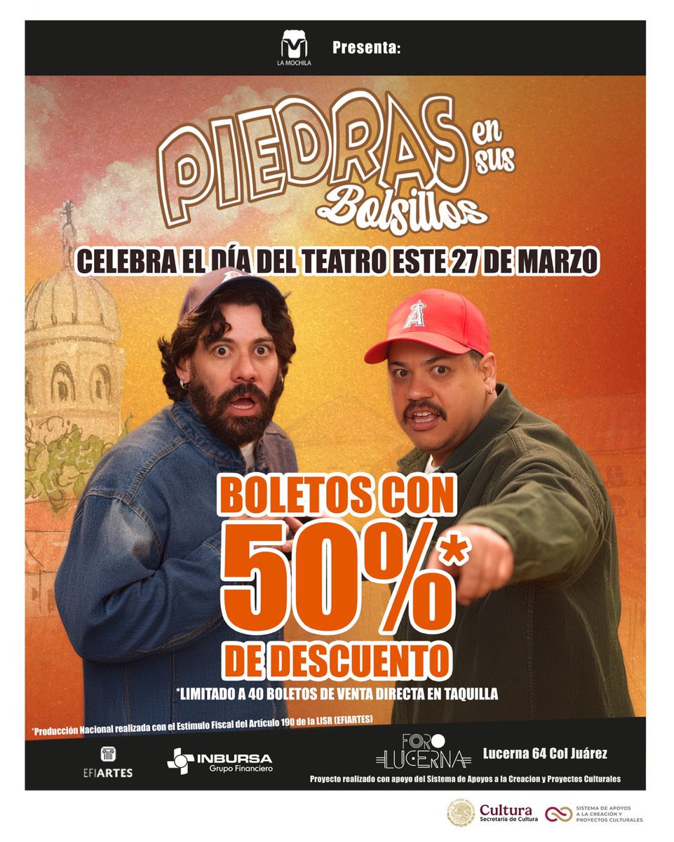 piedrasensusbol's tweet image. Este viernes 27 celebramos el Día del Teatro con 50% de descuento en PIEDRAS EN SUS BOLSILLOS

¡ASÍ MERO!
Solo 40 boletos y únicamente en taquilla.

🎭 Vie 20:30 h | Sáb 19 h | Dom 18 h
📍 Foro Lucerna
🎟️ PROMO APLICA EN TAQUILLA

#PiedrasEnSusBolsillos #comediamexicana