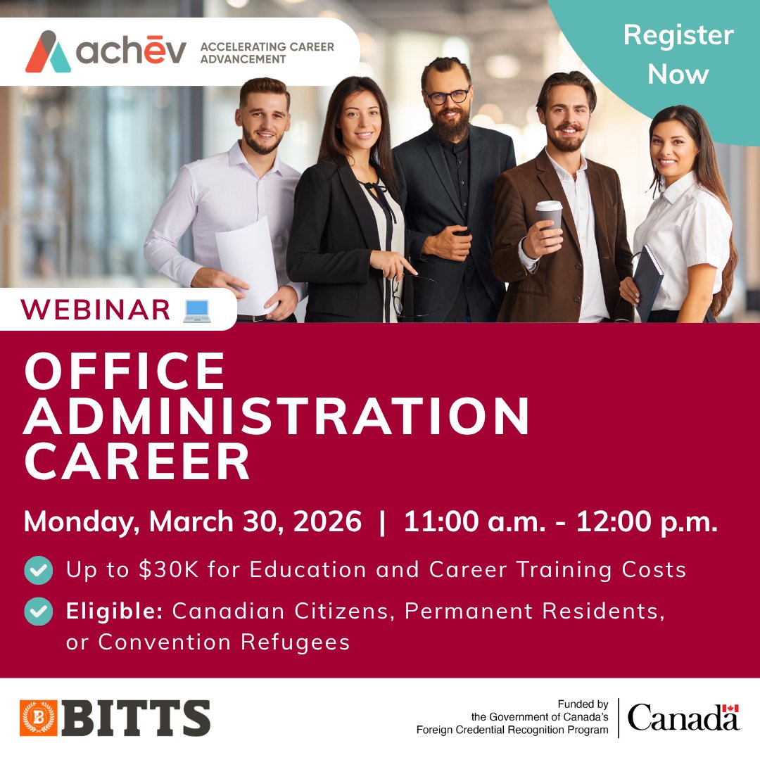 achev_ca's tweet image. Are you looking to start a career in Office Administration? Attend our webinar on March 30 at 11 a.m. to learn about a 35-week program (2 semesters) at BITTS International Career College. Register now: bit.ly/4sAi8Sh  

#Careers #Canada #course