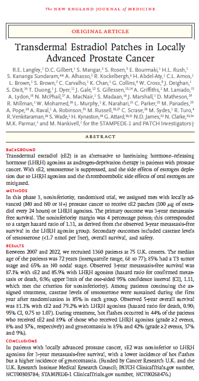 Adam_Weiner535's tweet image. 🚨Tansdermal Estradiol (tE2) vs ADT for locally advanced #prostatecancer🚨

@NEJM  New phase 3 RCT (PATCH/STAMPEDE-1) 

🔑tE2 patches are noninferior to LHRH agonists for metastasis-free survival (n=1,360)

✅ 87.1% vs 85.9% 3-yr MFS 
🌡️ Way fewer hot flashes (44% vs 89%) 
🦴