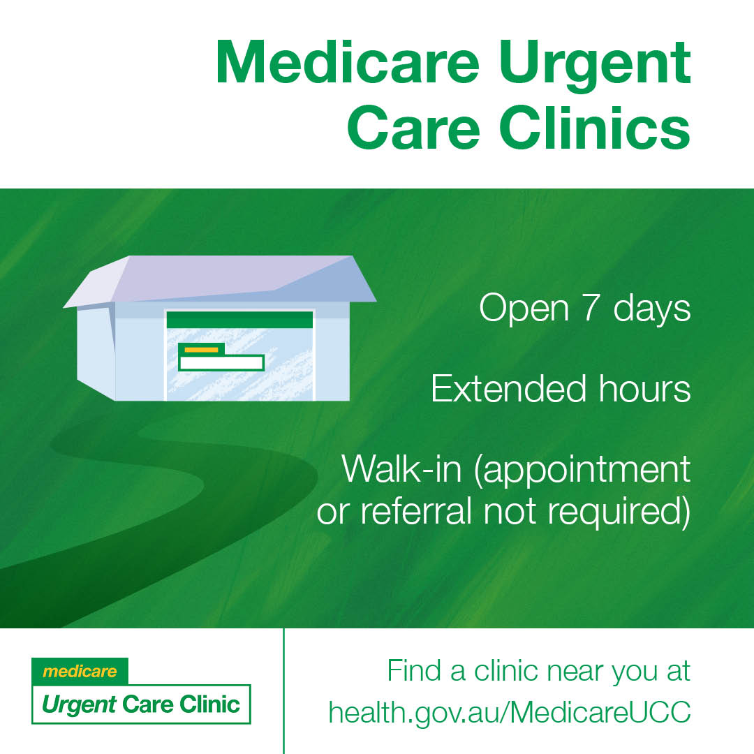 No referrals or appointments are needed for #MedicareUrgentCareClinics. Walk in to receive extended hours of urgent health care.  

To find your nearest Medicare Urgent Care Clinic, visit 💻 health.gov.au/MedicareUCC