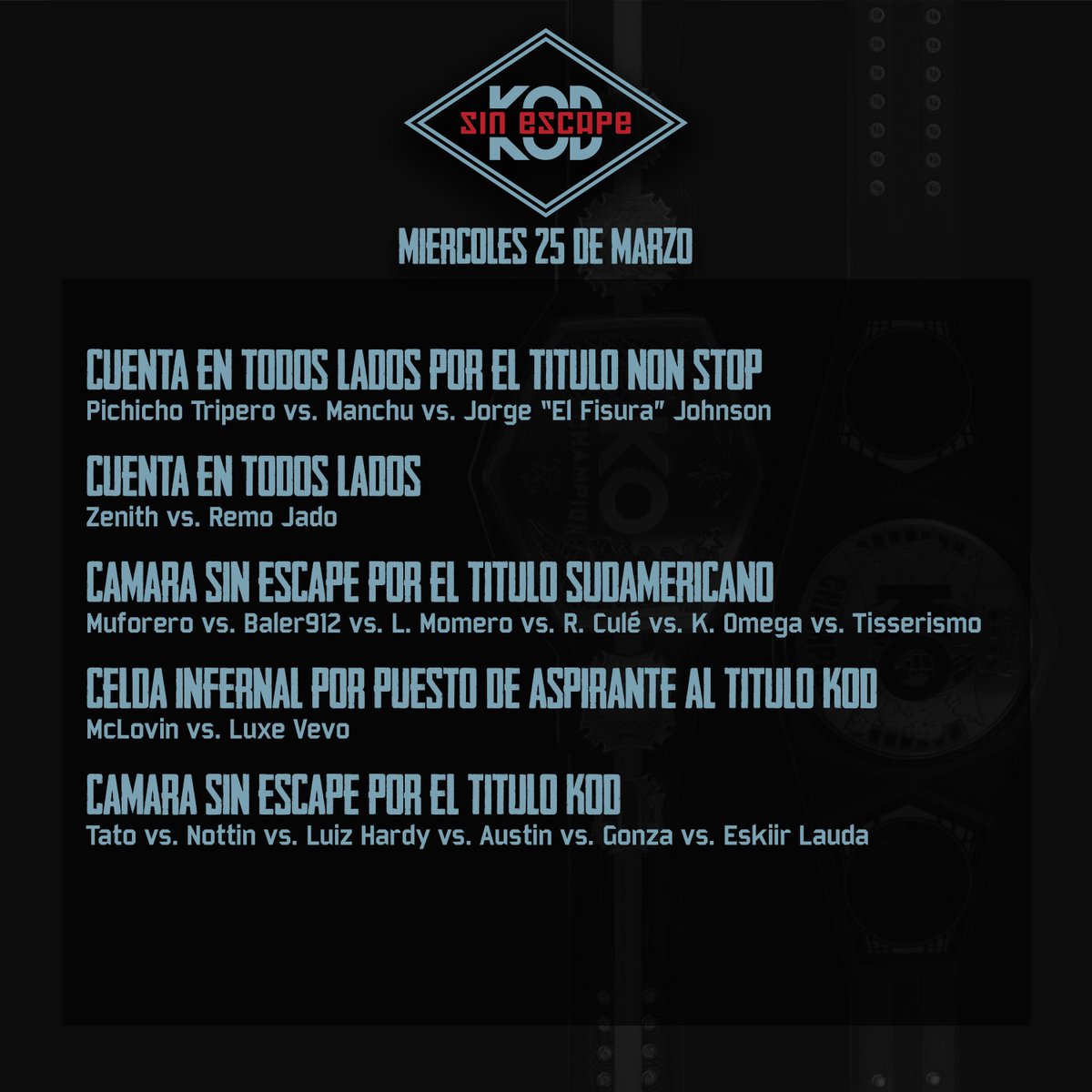 LaLiga21Of's tweet photo. ¡HOY HAY KO DIVISION!

Se terminó la espera, hoy llega #KODSinEscape.

Los tres títulos en juego y se termina el misterio del #NuevoCampeon.

Vamos primero, las peleas de esta noche. Seguimos abajo con #LaPrevia. https://t.co/E9ZTRKGj82