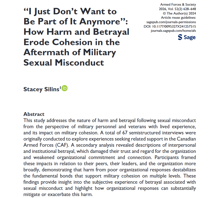 AFS_SAGE's tweet photo. From our #new #SpecialForum! “I Just Don’t Want to Be Part of It Anymore”: How Harm and Betrayal Erode Cohesion in the Aftermath of Military Sexual Misconduct - Stacey Silins https://t.co/CZF5WkJE4L https://t.co/UYPZJhFK9M