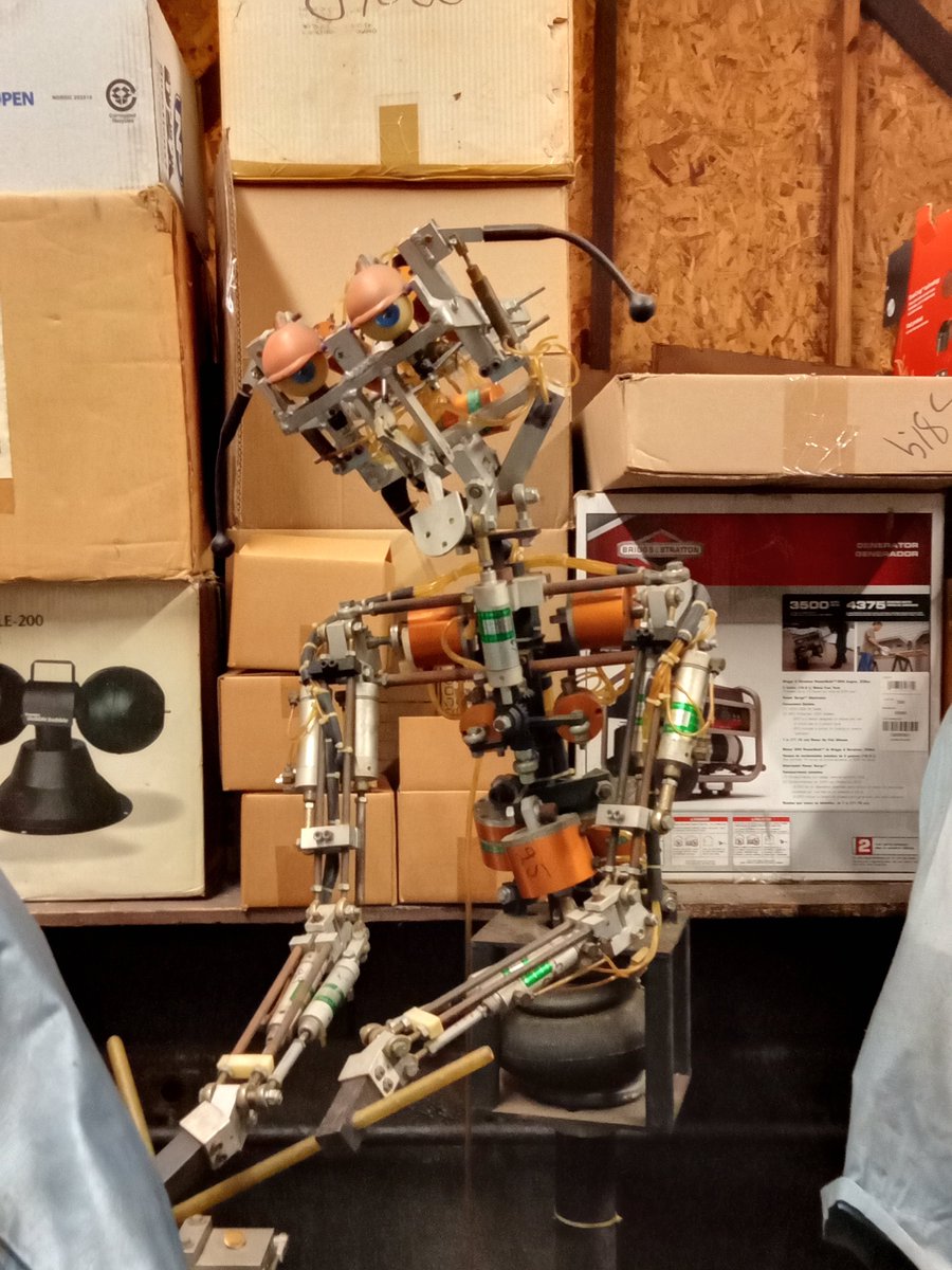 Pimkylee's tweet image. 2nd generation Dook and Mitzi at the CEI warehouse 

These are both very advanced animatronics that were ahead of their time, but were never completed. Aaron has plans to finish them, and wants to program Dook to ACTUALLY play the drums.