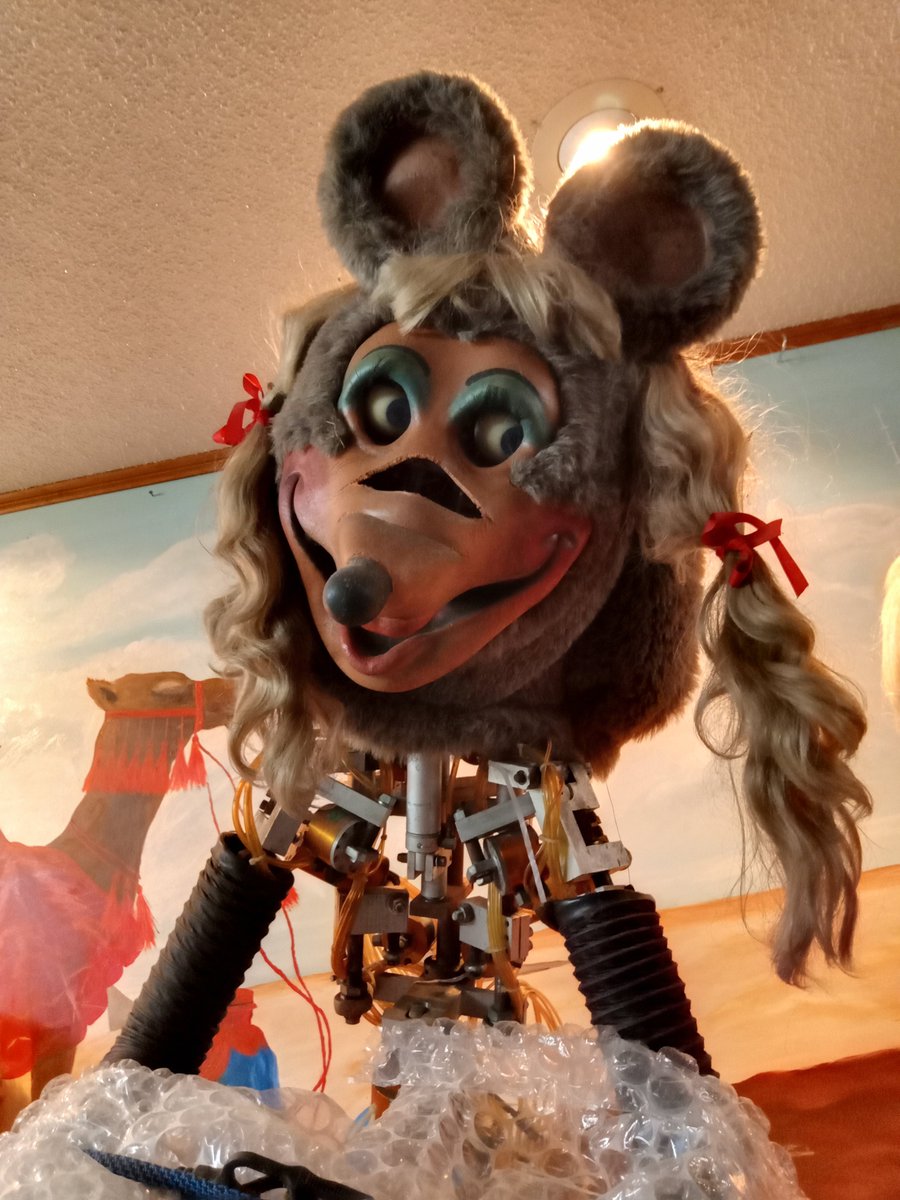 Pimkylee's tweet image. 2nd generation Dook and Mitzi at the CEI warehouse 

These are both very advanced animatronics that were ahead of their time, but were never completed. Aaron has plans to finish them, and wants to program Dook to ACTUALLY play the drums.