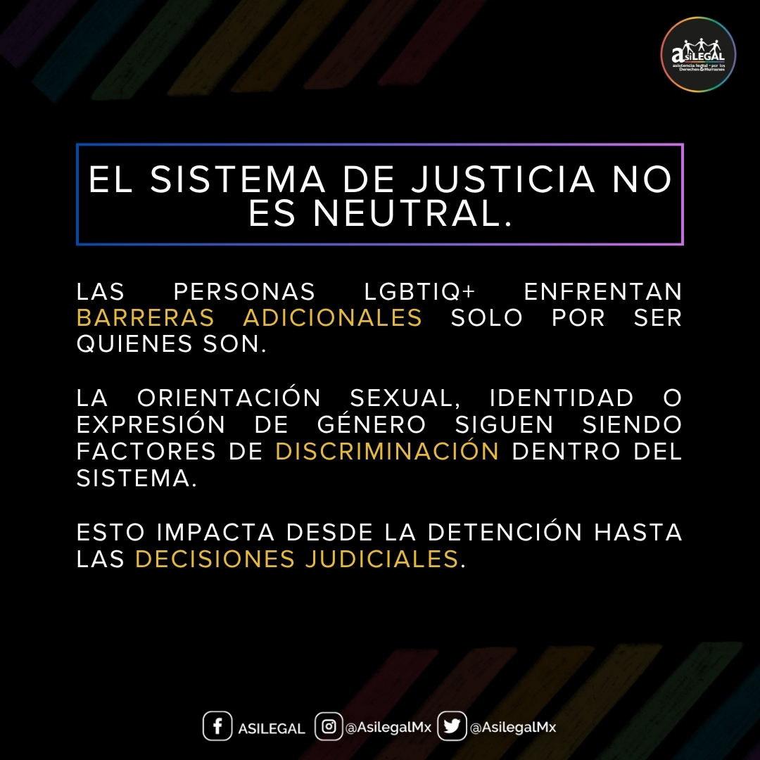 AsilegalMx's tweet photo. #ASILEGAL | La justicia no es neutral cuando ignora la diversidad.
Las personas LGBTIQ+ enfrentan barreras, discriminación y violencia dentro del sistema de justicia.
En ASILEGAL trabajamos por un sistema que garantice derechos para todas las personas. #ASILEGAL #DerechosHumanos https://t.co/OwpzrA6QoJ