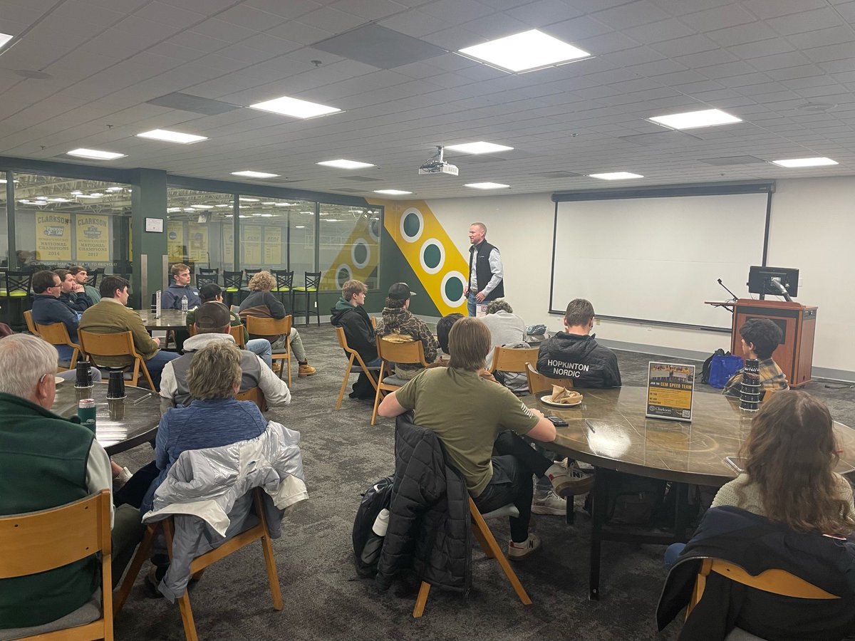 ClarksonCEM's tweet photo. Full house tonight for Pro of the Knight John Whittaker (CivE ‘09) of the DA Collins Companies.  “Set SMART goals” “Don’t do what makes you happy, do what makes you better” “Take extreme ownership” #ClarksonU #NorthofOrdinary #WeBuildYourFuture https://t.co/jYM1zofbUf