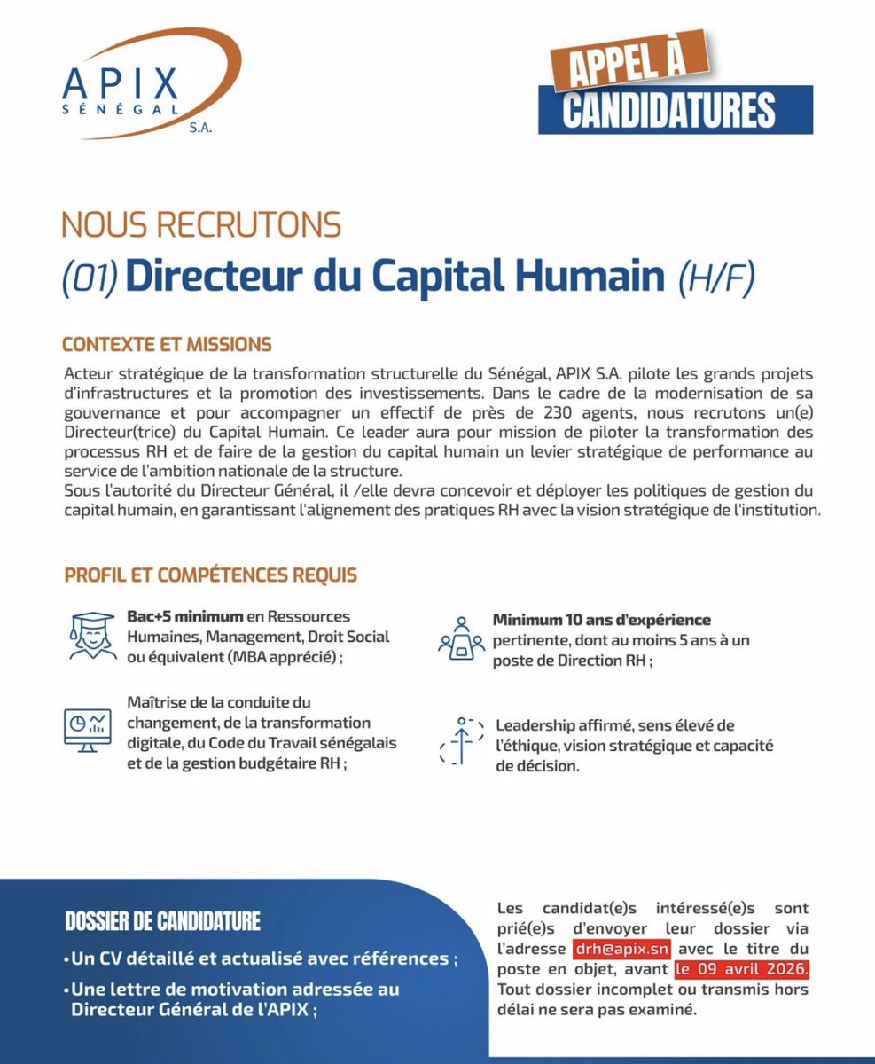 Zalebaate's tweet photo. 🚨🚨🚨Appel à candidature🚨🚨🚨 APIX SA 

2 postes à pourvoir ⬇️

Les candidat(e)s intéressé(e)s sont prié(e)s d'envoyer leur dossier via
l'adresse: drh@apix.sn         avec le titre du poste en objet, avant le 09 avril 2026.
Tout dossier incomplet ou transmis hors délai ne sera pas examiné.

@Noo_IDcard @Nabyleu @Afterpro @AiidaBaa @APIXSAofficiel