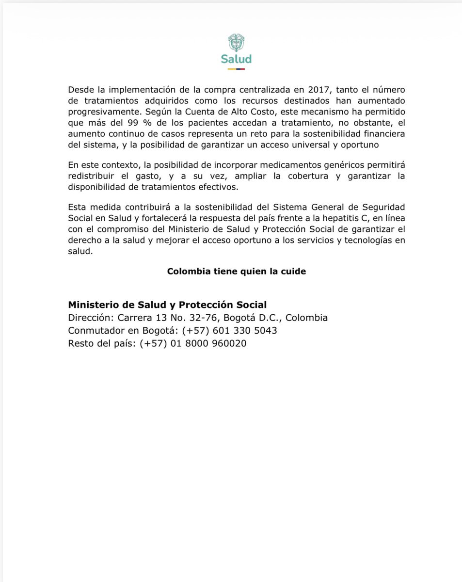 MinSaludCol's tweet photo. #Comunicado | Más personas en Colombia podrán acceder a tratamientos efectivos para la hepatitis C, gracias a una nueva medida adoptada por el #Minsalud que permitirá ampliar la cobertura sin aumentar el gasto del sistema de salud. https://t.co/ZRVFmTcAVX