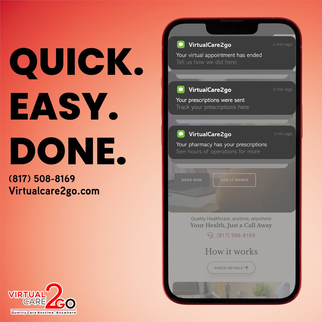 VirtualCare2go's tweet photo. Quick. Easy. Done. ✅

Connect with a provider, get treated &amp; receive prescriptions—all from your phone. No waiting rooms, no hassle.

#VirtualCare #Telehealth #OnlineDoctor #Healthcare #ConvenientCare #DigitalHealth #SickVisit #ColdAndFlu #Allergies #UTI #Wellness https://t.co/i5mmJezQXd