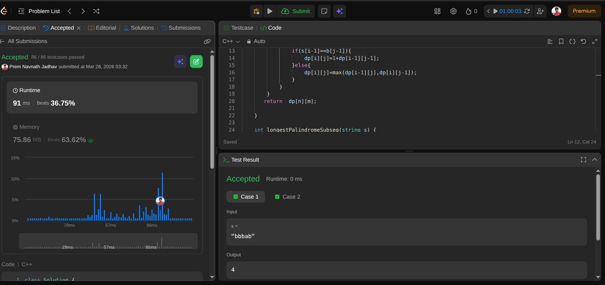 PremNavnat56636's tweet photo. Day 176 🎯
LPS problem mastered!
Key insight:
A palindrome reads same forward and backward
So LCS(s, reverse(s)) gives the answer ✨
Simple yet powerful!
#100DaysOfCode #Day177 #Algorithms #ProblemSolving https://t.co/woNyba7wHi