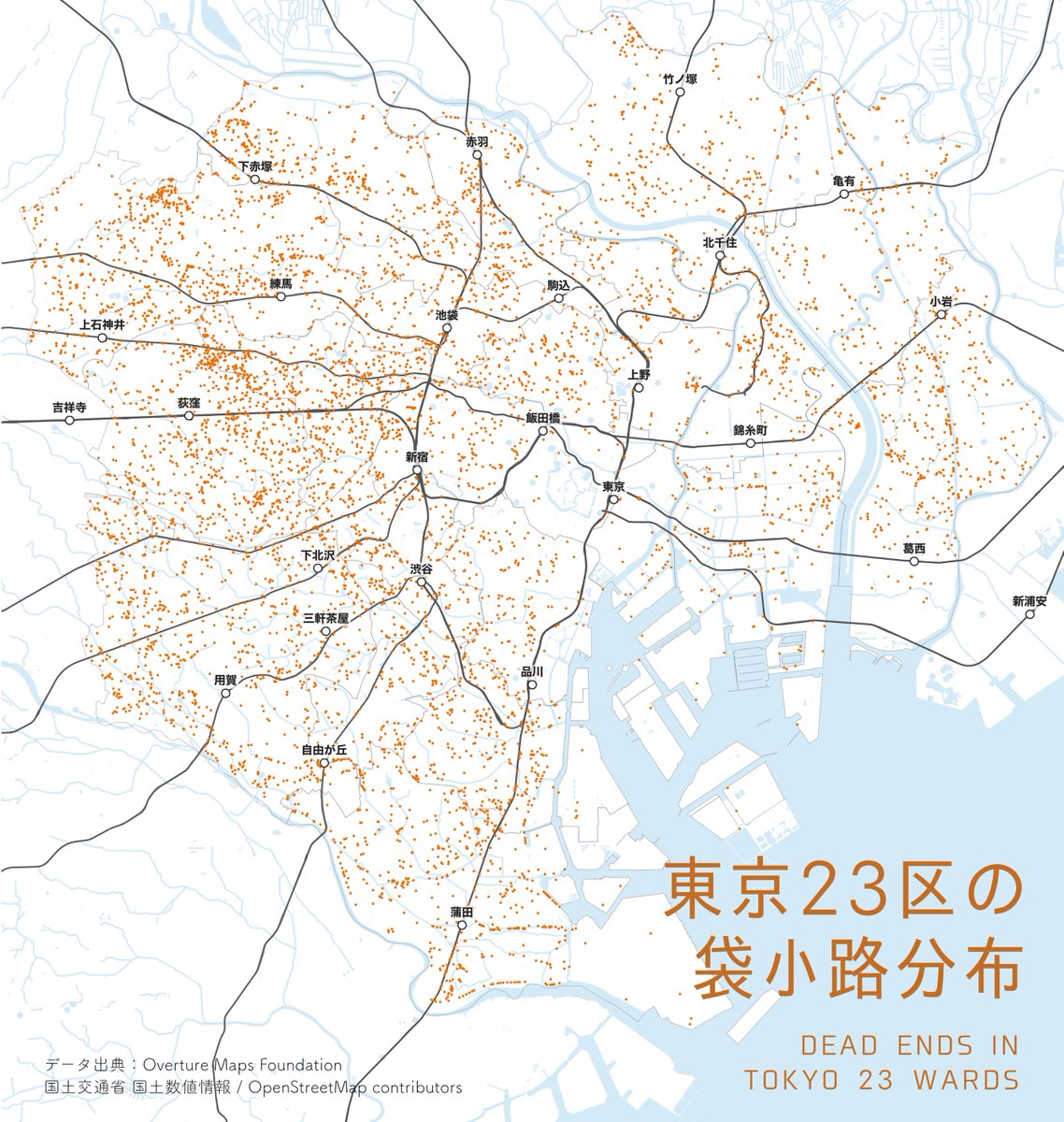 machi_measure's tweet photo. 東京23区の「十字路」「袋小路」「丁字路」分布を比較してみたら面白かった！
一番特徴が分かりやすかったのは、十字路。東京駅周辺・自由が丘周辺のように碁盤の目状の街区が多いエリアが浮かび上がる。
逆に「袋小路＝行き止まり」は23区西部に多い。荻窪の北、下井草のあたりに多いのは何故だろう
ちなみに圧倒的に数が多いのは丁字路（三叉路）。確かに、昨日帰り道で意識してみたら丁字路はめちゃくちゃ多かった...

データはOverture Mapsの道路データを利用。丁字路と言いつつ、直角に交わっていないものもカウントされてしまっているので今後改善していきます！

#東京23区 #地図好き #街歩き #交差点 #十字路 #丁字路 #袋小路 #地理 #GIS #OvertureMaps
