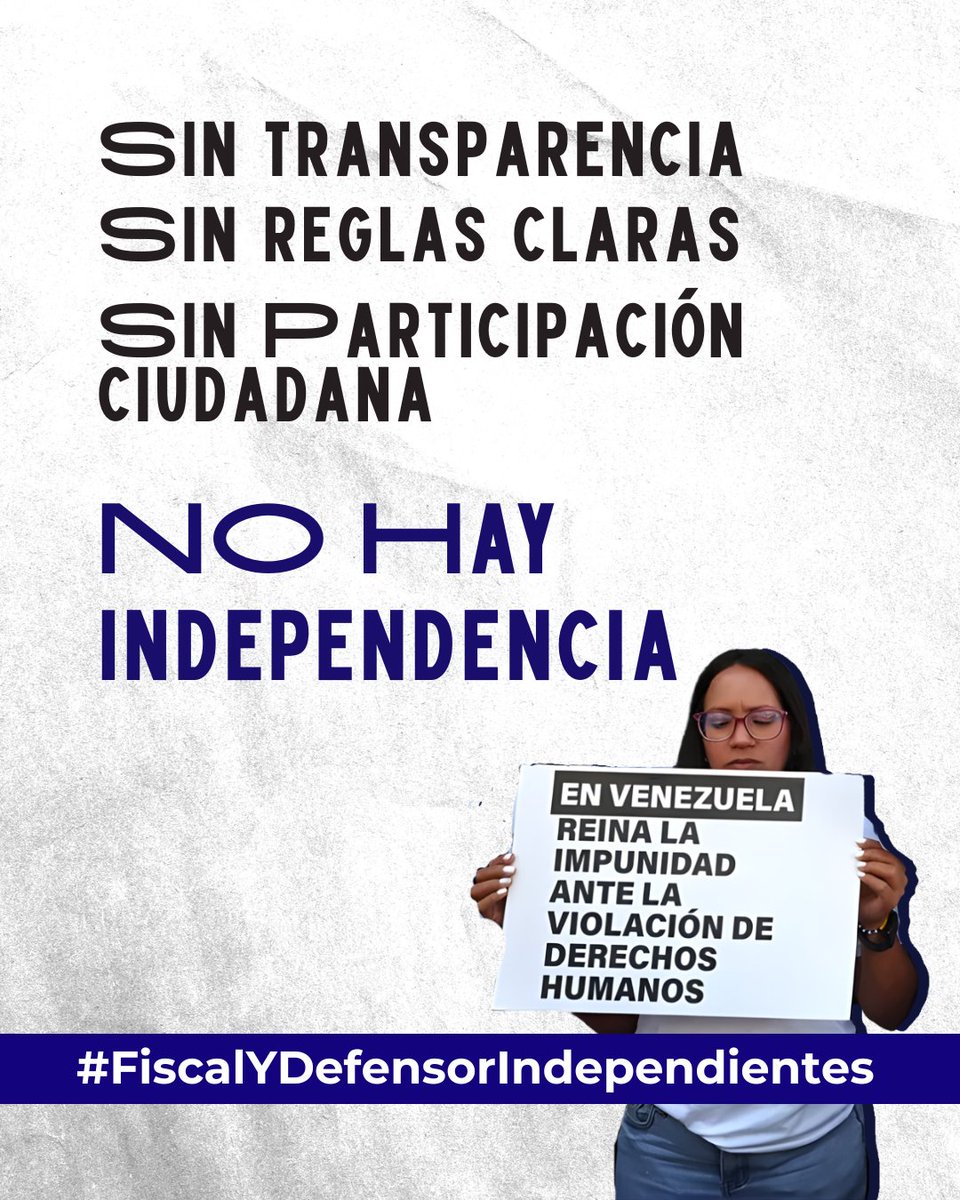 INICIO TUITAZO | SIN INDEPENDENCIA NO HAY JUSTICIA 

Más de 130 postulaciones a Fiscal y Defensor(a) del Pueblo y un proceso sin reglas claras, sin transparencia y sin participación ciudadana. 

Exigimos una elección conforme a la ley y autoridades independientes en Venezuela.