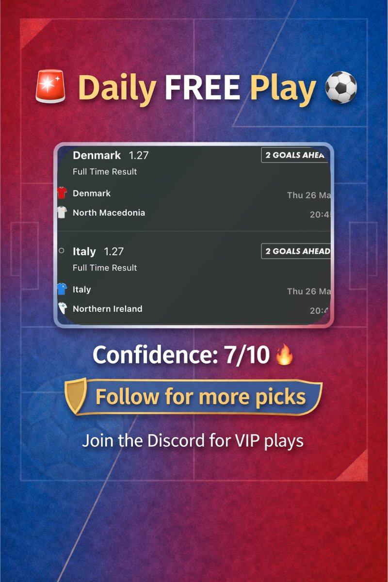 KrissyPlays11's tweet image. 🚨 DAILY FREE PLAY 🚨

@ 1.61

Denmark WIN ✅
Italy WIN ✅
Simple. Safe. Value picks 📈

Confidence: 7/10 🔥

Perfect combo for steady profit 💰

More daily winning bets inside the FREE Discord 👇
Join now before kickoff 🚨
discord.gg/7JKp4xYSc6

#FreeTips #FootballTips