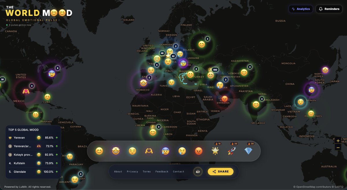 ars_vardanyan's tweet image. Launching "The World Mood" on Product Hunt tomorrow! 🌍✨

Anonymous, real-time global map built with React + Supabase. Stay tuned for the vibe! 🚀

#buildinpublic #producthunt #reactjs