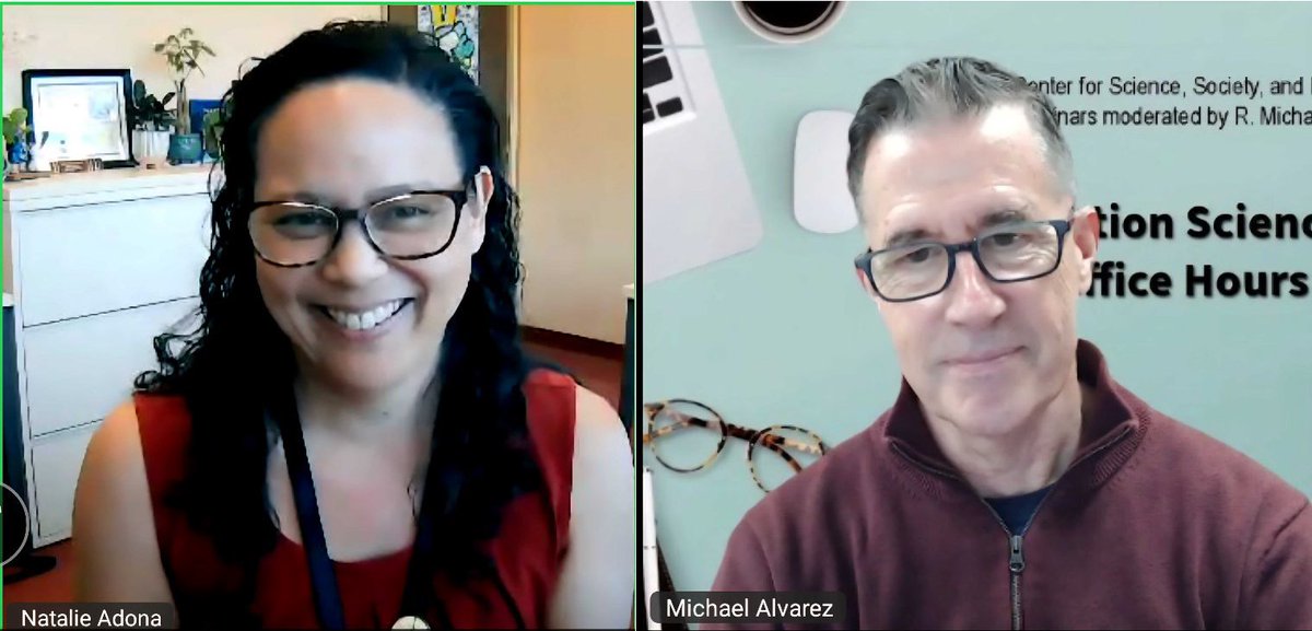 CaltechLCSSP's tweet photo. Watch today's episode of #ElectionScienceOfficeHours - Modernizing California Elections: Insights from Marin County Registrar of Voters Natalie Adona with host @rmichaelalvarez, @Caltech &amp; guest @nado1377  - on the @CaltechLCSSP 's @YouTube channel: https://t.co/9sMMPXslKV. https://t.co/FxozfanrxY
