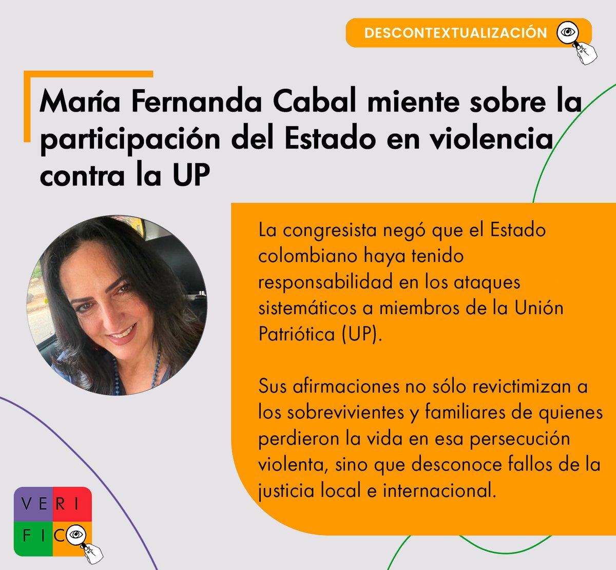 VerdadAbierta's tweet photo. A propósito de la orden que le impartió el Juzgado 45 Civil de Bogotá a la senadora @MariaFdaCabal de disculparse por sus afirmaciones estigmatizantes contra la #UP en una entrevista en La Silla Vacía, recomendamos este chequeo que hicimos en #VERIFICO: https://t.co/0iizVlwuVZ https://t.co/EmpWNI4QRJ