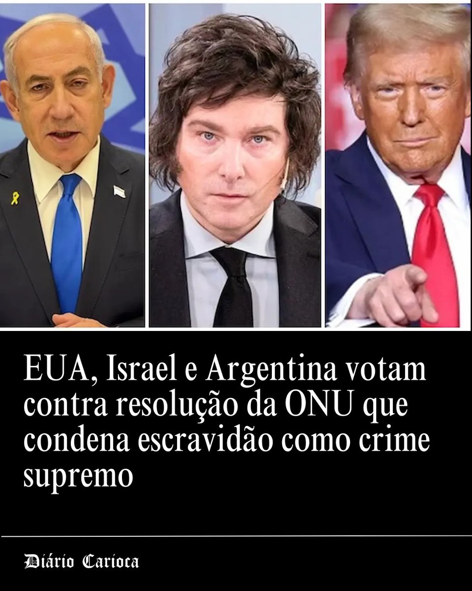 ONU aprova resolução que classifica escravidão como o crime mais grave contra a humanidade. 🌍 Apenas 3 países votaram CONTRA: EUA, Israel e Argentina. Dois criminosos e um idiota, os ídolos do bolsonarismo.

diariocarioca.com/2026/03/25/mun…