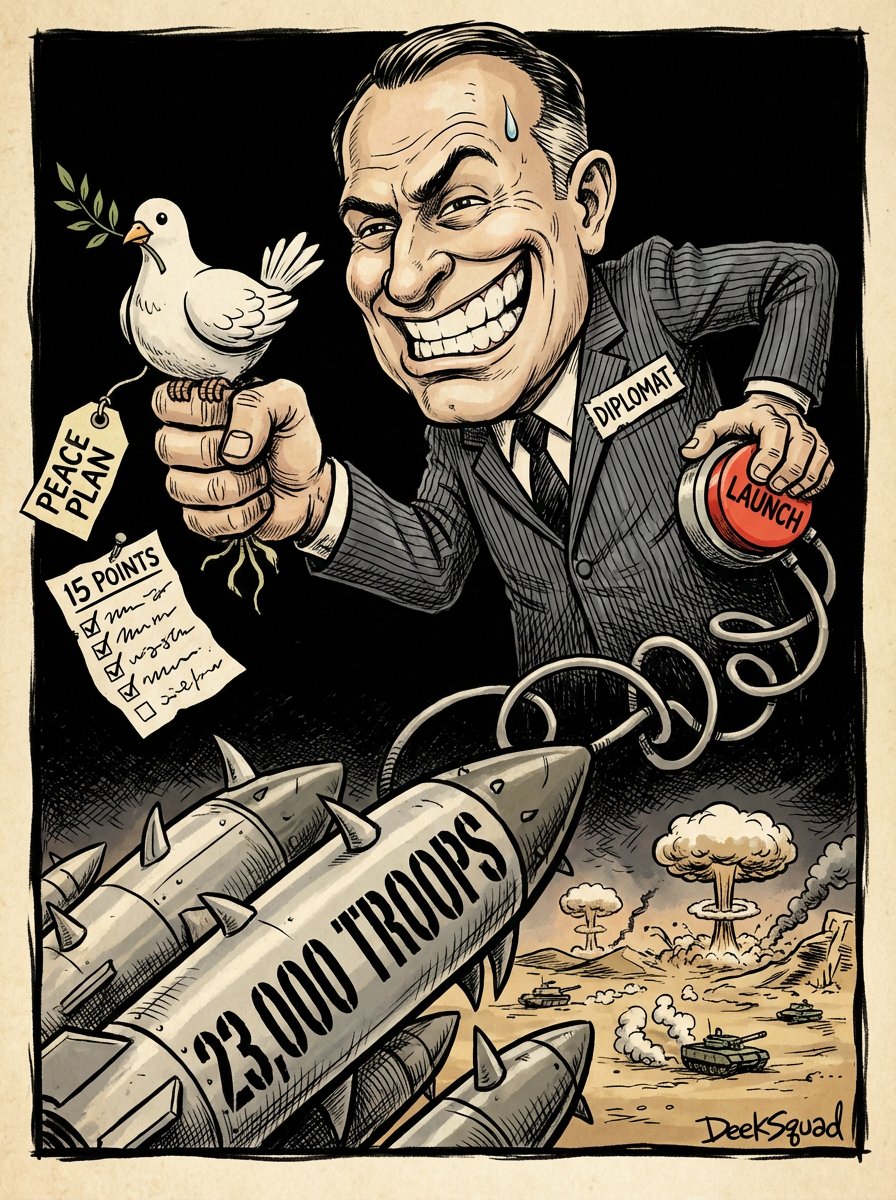 DeekSquadHQ's tweet image. 15-point peace plan in one hand, 23000 troops behind the back 🕊️🚀

Ramirez editorial cartoon tee - dove and missiles
Satire is the only honest reporting

Grab it 👇
deeksquad.printify.me/product/275667…

#Ramirez #Iran #PoliticalCartoon #Satire #DeekSquad