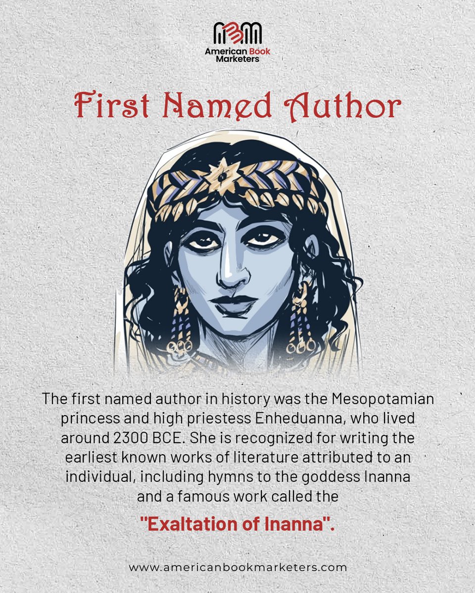 abookmarketers's tweet photo. 📜 Did you know?

The first named author in history wasn’t a king or philosopher but a powerful woman.

Her words still echo through time proving the power of storytelling never fades.

🌐 https://t.co/GuQrEbtee6

#AncientHistory #Writers #Storytelling #AmericanBookMarketers https://t.co/DaIqoofJC8