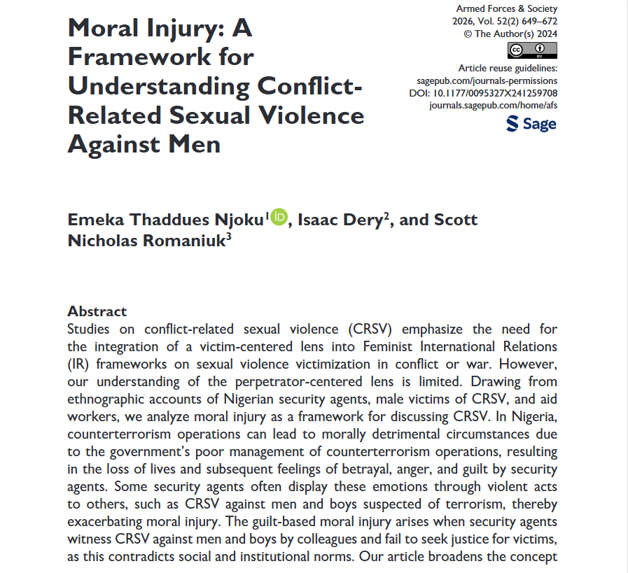 AFS_SAGE's tweet photo. From our #new #SpecialForum! Moral Injury: A Framework for Understanding Conflict-Related Sexual Violence Against Men - Emeka Thaddues Njoku (@EmekaTN), Isaac Dery (@idery38), Scott Nicholas Romaniuk #OpenAccess https://t.co/EduB0ccsiT https://t.co/YuiGXdTr88