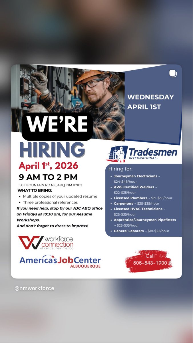 NMWorkforce's tweet photo. Mark your calendars to be at America’s Job Center Albuquerque if you want to get a new job or career. We’ve got 2 hiring events coming up April 1st and 2nd. Call us at 505-843-1900 to learn more. Events run from 9 AM to 2 PM. https://t.co/KFTtyYWHfd