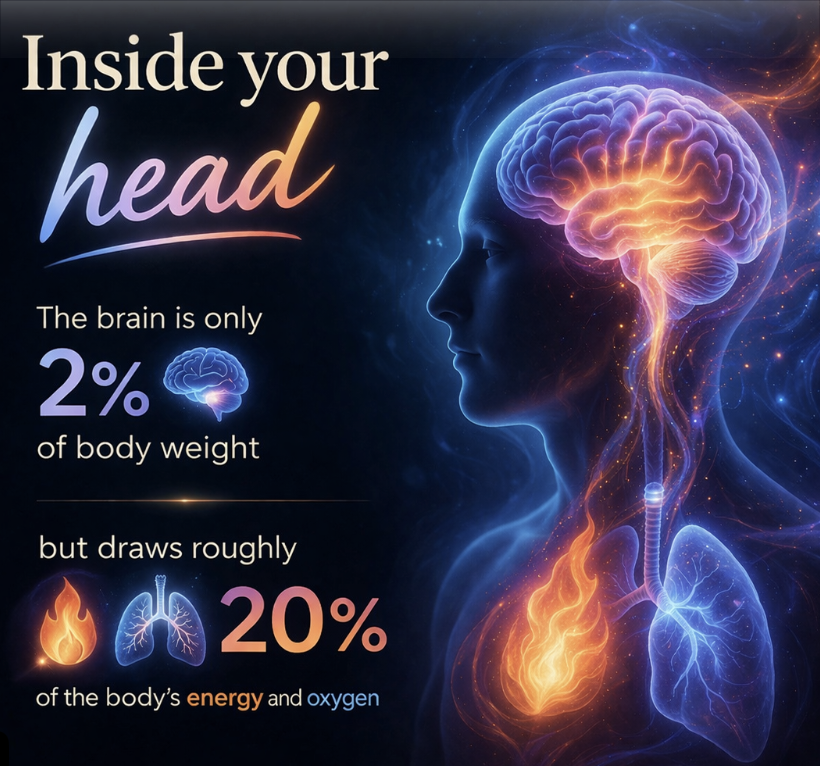 ElShek007's tweet photo. Inside your head: The brain, 2% of body weight, but draws roughly 20% of the body’s energy and oxygen. https://t.co/ESMR3hQWRO